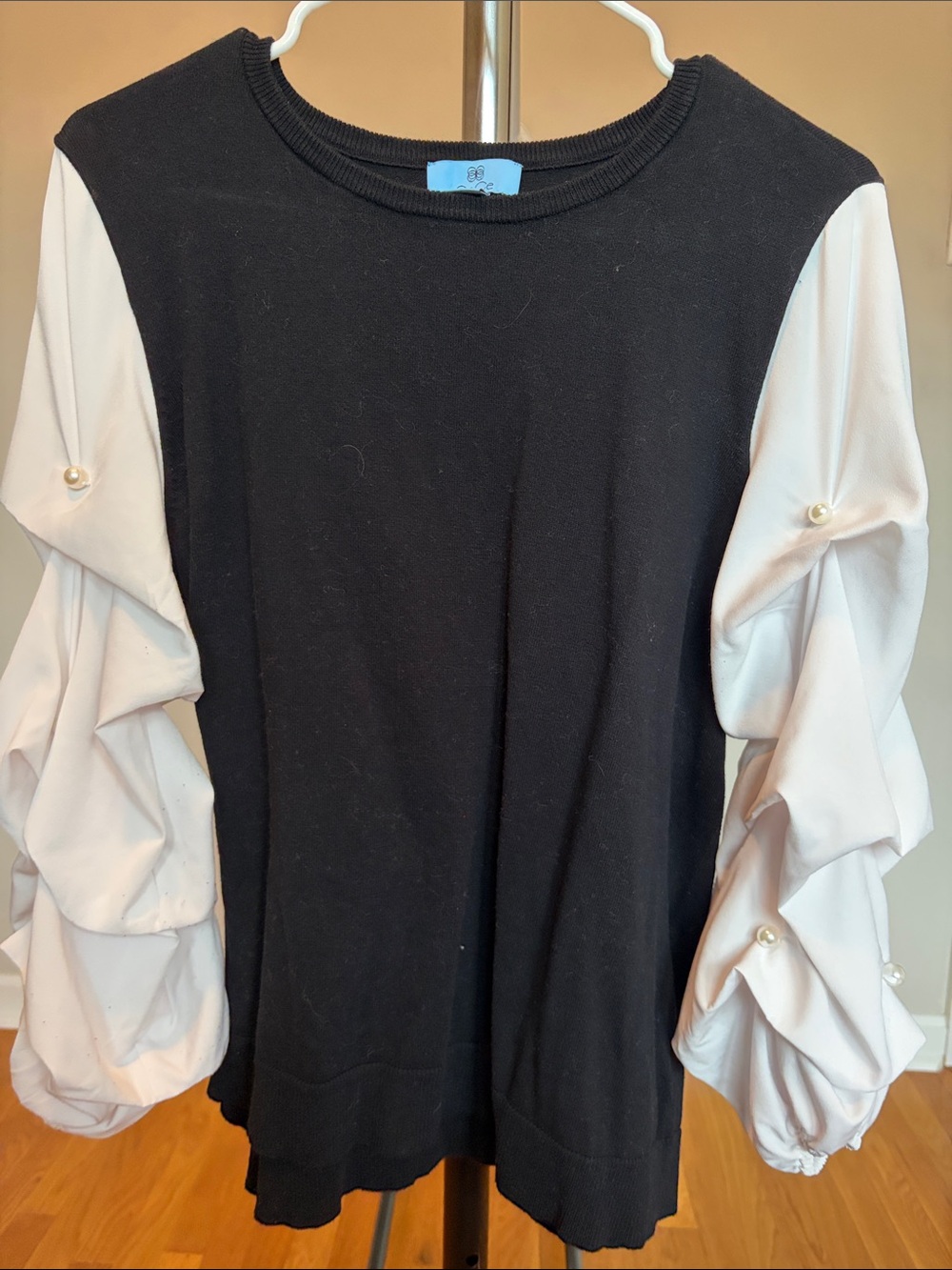 CeCe Black Top with Cream Pearl-Accent Puff Sleeves